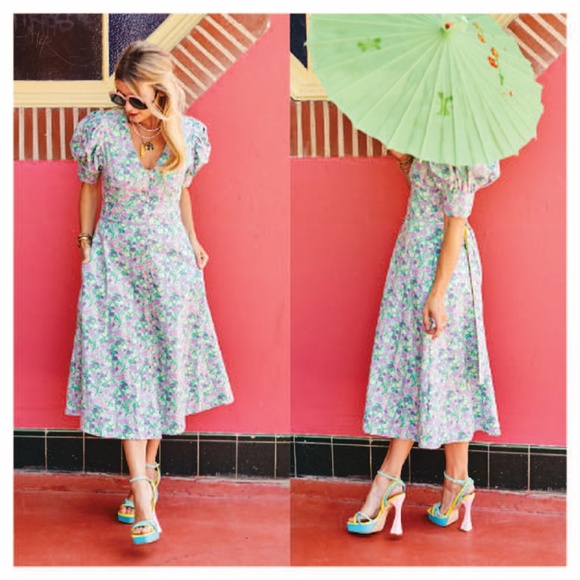 Elegant Floral Midi Dress in Purple and Green - Picture 5 of 14